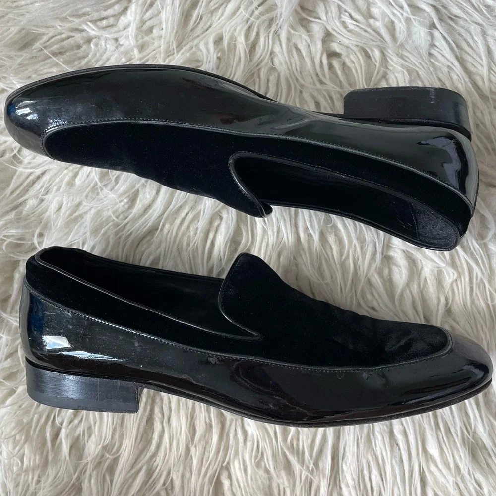 Jimmy Choo Black Soft Shiny Calf Patent Leather Velvet Panel Loafers EUC 42.5
